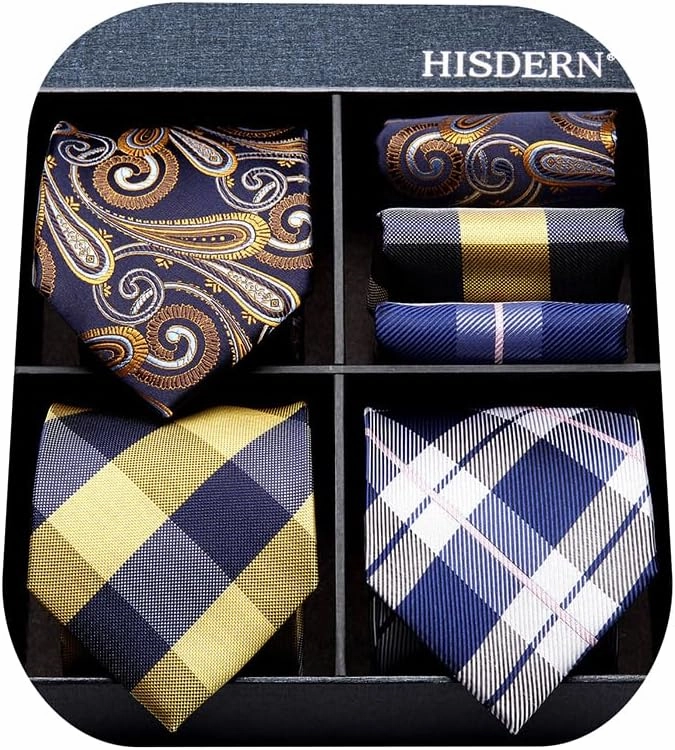 HISDERN Mens Ties Extra Long Tie and Pocket Square Set 63 Inch XL Tie Pack Collection Present Box Necktie Lot 3 PCS