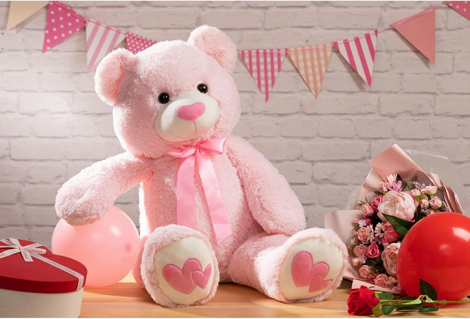 HollyHOME Giant Teddy Bear Stuffed Animal Large Bear Plush with Red Heart for Girlfriend and Kids Holiday Toy Gift 36 inch Pink