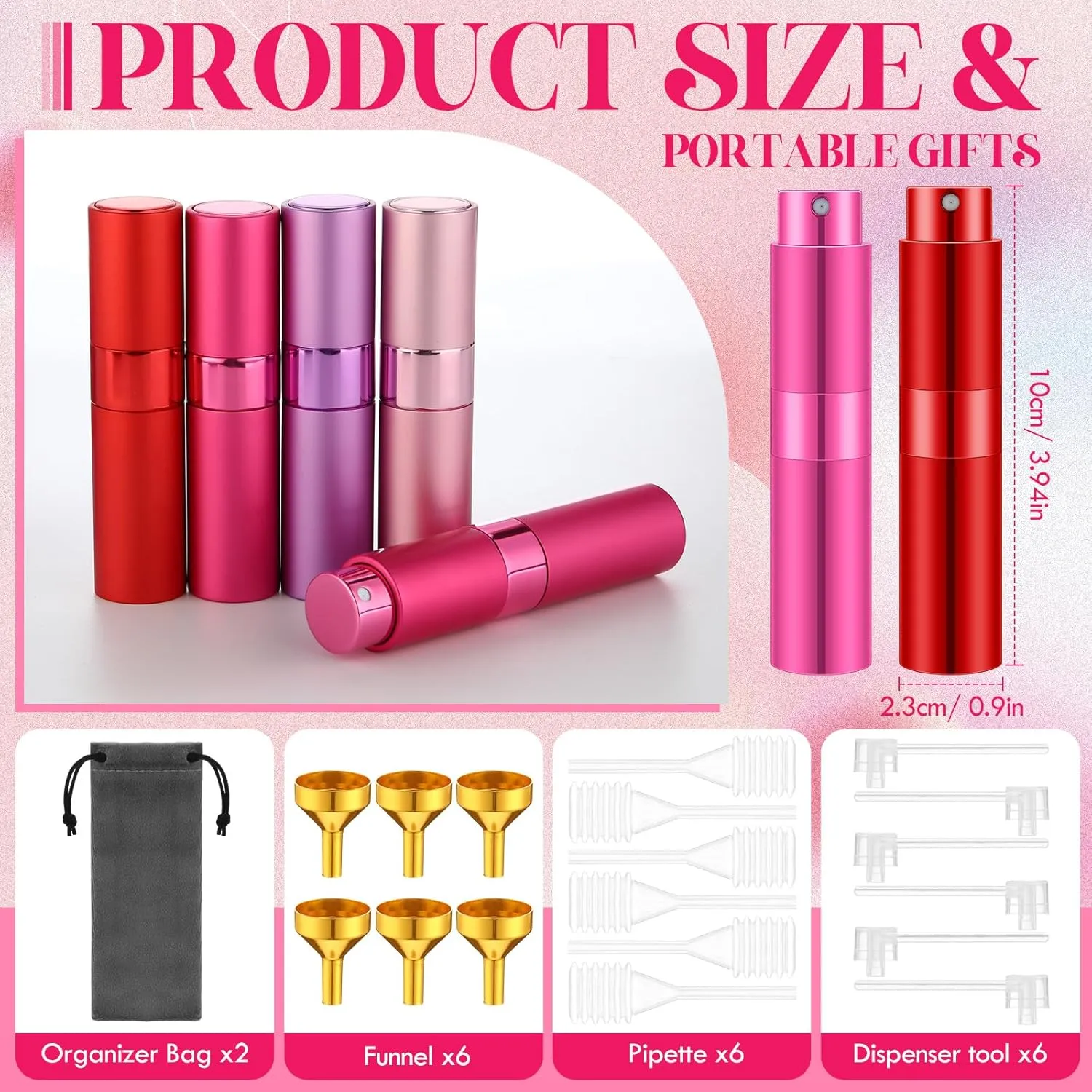 Honeydak 16 Pcs 8 ml Atomizer Perfume Spray Bottle for Travel Refillable Mini Empty Cologne Dispenser, Portable Sprayer with Independent Storage Bag (Red,Pink,Purple,Rose Red)