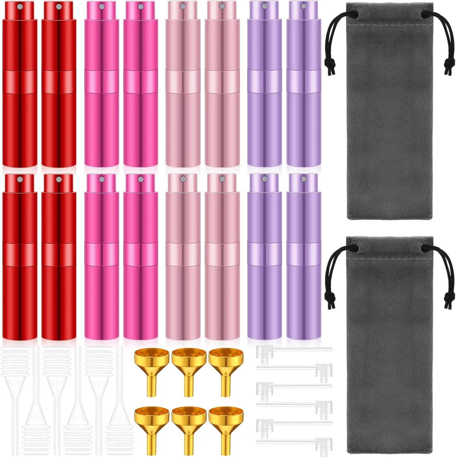 Honeydak 16 Pcs 8 ml Atomizer Perfume Spray Bottle for Travel Refillable Mini Empty Cologne Dispenser, Portable Sprayer with Independent Storage Bag (Red,Pink,Purple,Rose Red)
