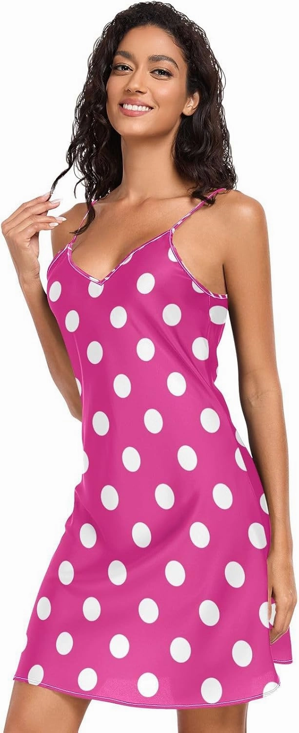 Hot Pink Polka Dot Slip Nightgowns for Women, Satin Cami Sleep Dress, Sleeveless Night Shirts for Woman, S