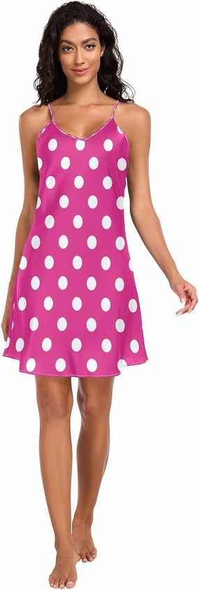 Hot Pink Polka Dot Slip Nightgowns for Women, Satin Cami Sleep Dress, Sleeveless Night Shirts for Woman, S