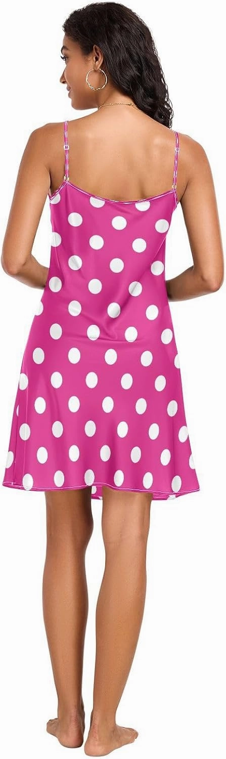 Hot Pink Polka Dot Slip Nightgowns for Women, Satin Cami Sleep Dress, Sleeveless Night Shirts for Woman, S