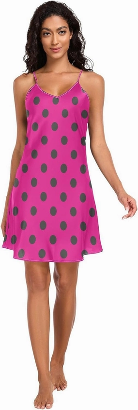 Hot Pink Polka Dots Basic Satin Slip Lingerie, Spaghetti Strap Nightgown, Sleeveless Night Shirts for Woman, S