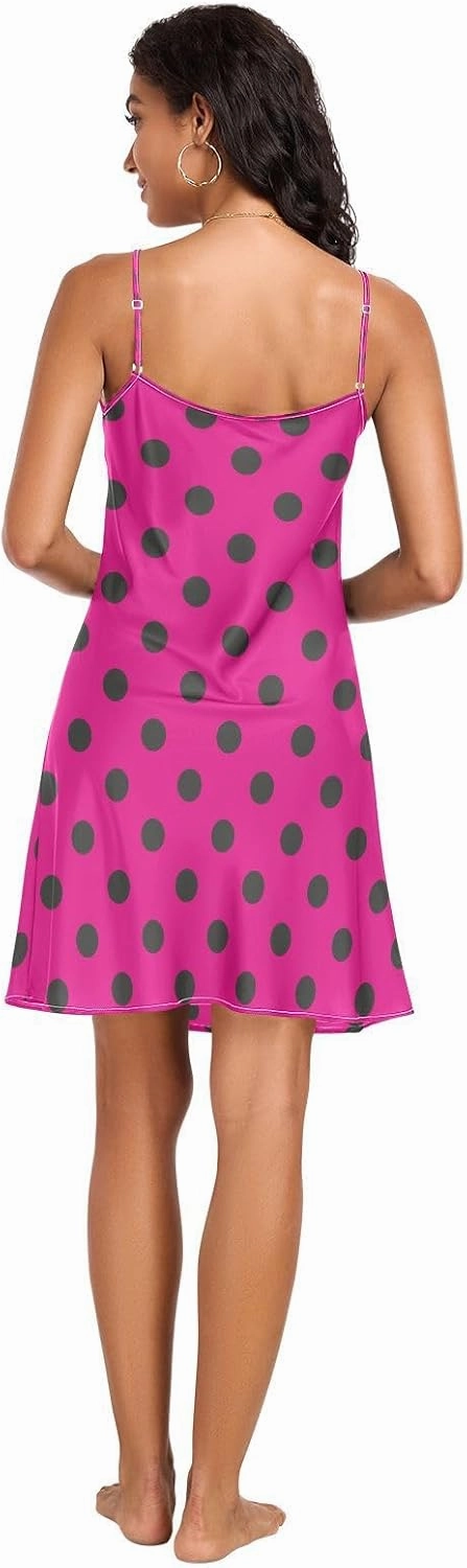 Hot Pink Polka Dots Basic Satin Slip Lingerie, Spaghetti Strap Nightgown, Sleeveless Night Shirts for Woman, S