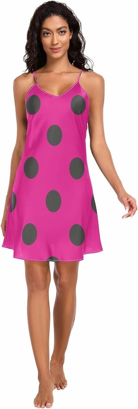 Hot Pink Polka Dots Women's Satin Slip Dress, V Neck Sleeveless Sleep Shirts for Women, Small