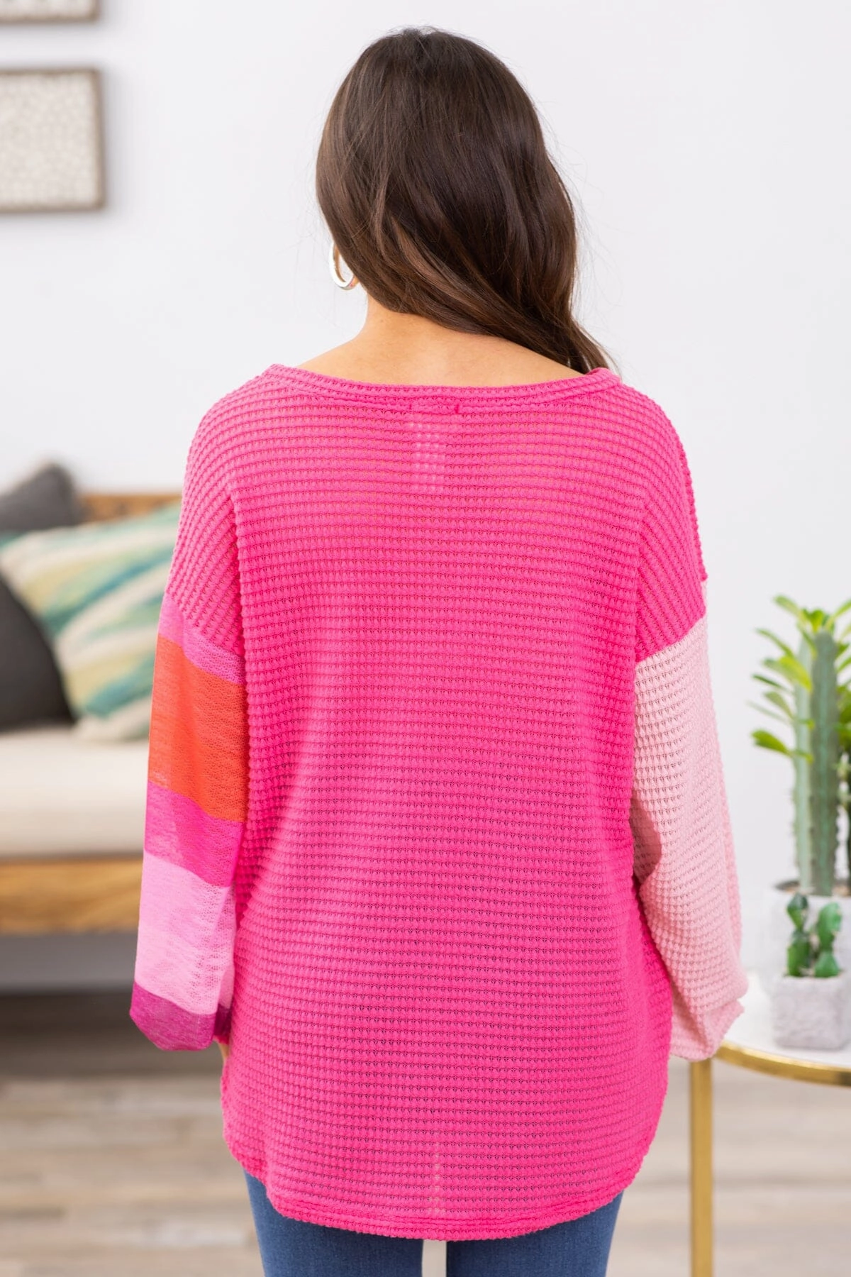 Hot Pink Waffle Knit Top With Stripe Sleeve