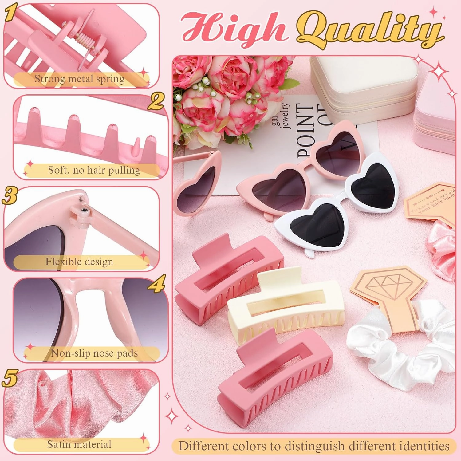 Hotop 24 Pcs Bridesmaid Proposal Gifts Set, 6 Mini Jewelry Box, 6 Satin Bridesmaid Scrunchies, 6 Bachelorette Sunglasses, 6 Square Hair Clips for Bridal Shower Wedding Party Favors (White, Pink)