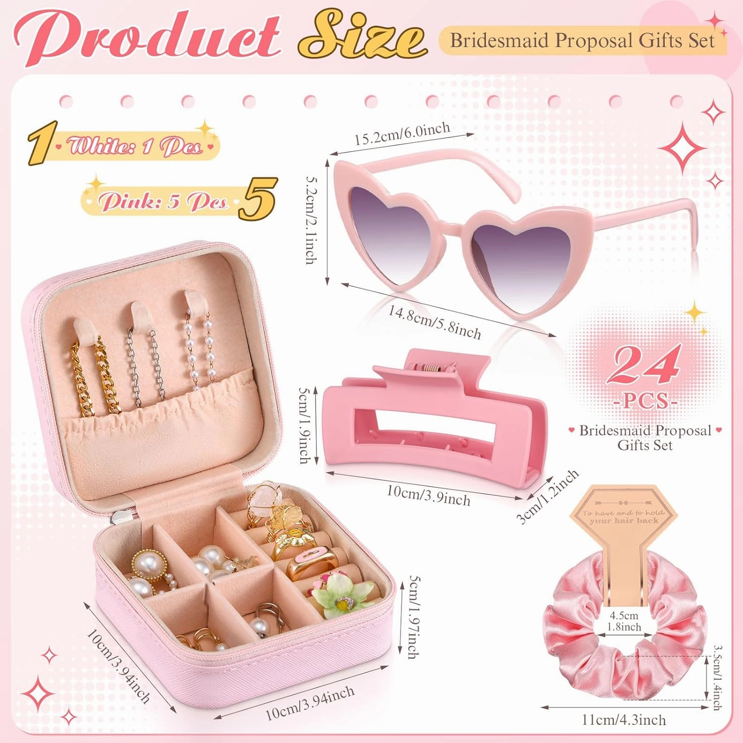 Hotop 24 Pcs Bridesmaid Proposal Gifts Set, 6 Mini Jewelry Box, 6 Satin Bridesmaid Scrunchies, 6 Bachelorette Sunglasses, 6 Square Hair Clips for Bridal Shower Wedding Party Favors (White, Pink)