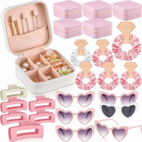 Hotop 24 Pcs Bridesmaid Proposal Gifts Set, 6 Mini Jewelry Box, 6 Satin Bridesmaid Scrunchies, 6 Bachelorette Sunglasses, 6 Square Hair Clips for Bridal Shower Wedding Party Favors (White, Pink)