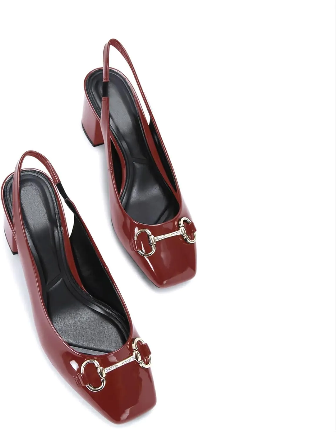 iadore Women Fashion Patent Leather Low Block Heel Pumps Chic Slingbacks with Gold Studded Round Toes Shoes Size 5-12 US