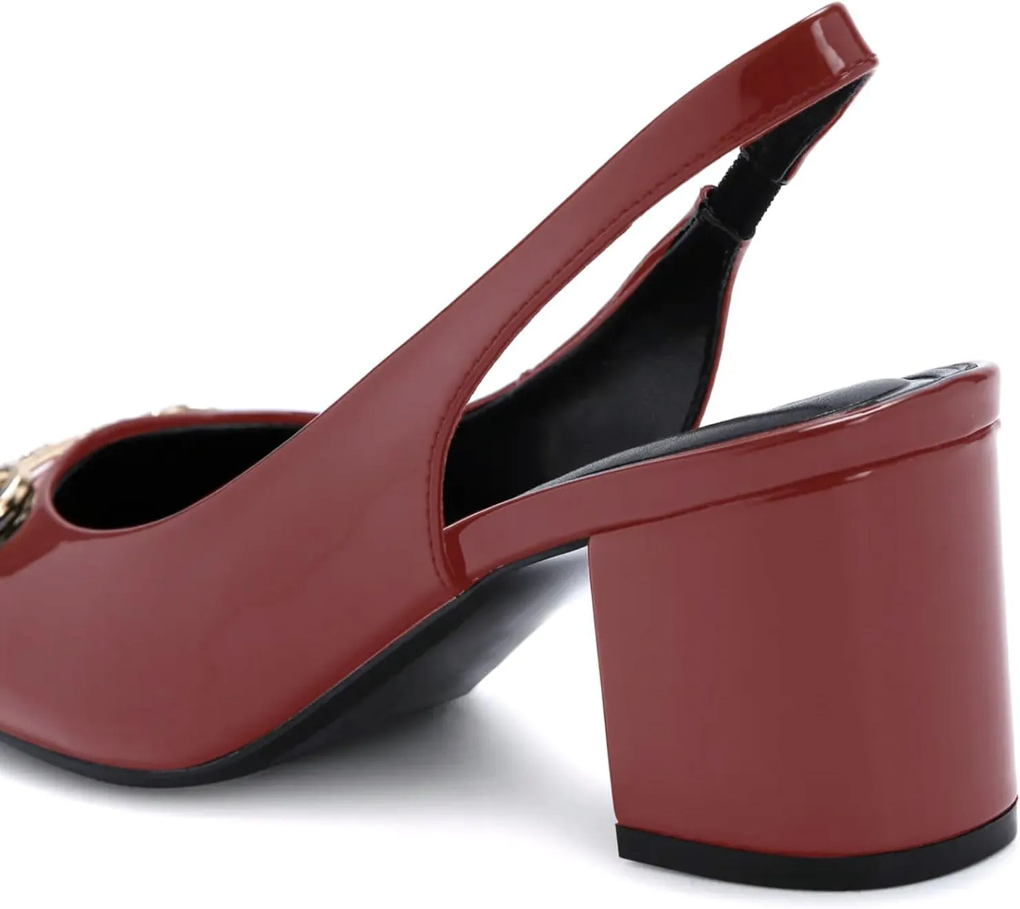 iadore Women Fashion Patent Leather Low Block Heel Pumps Chic Slingbacks with Gold Studded Round Toes Shoes Size 5-12 US