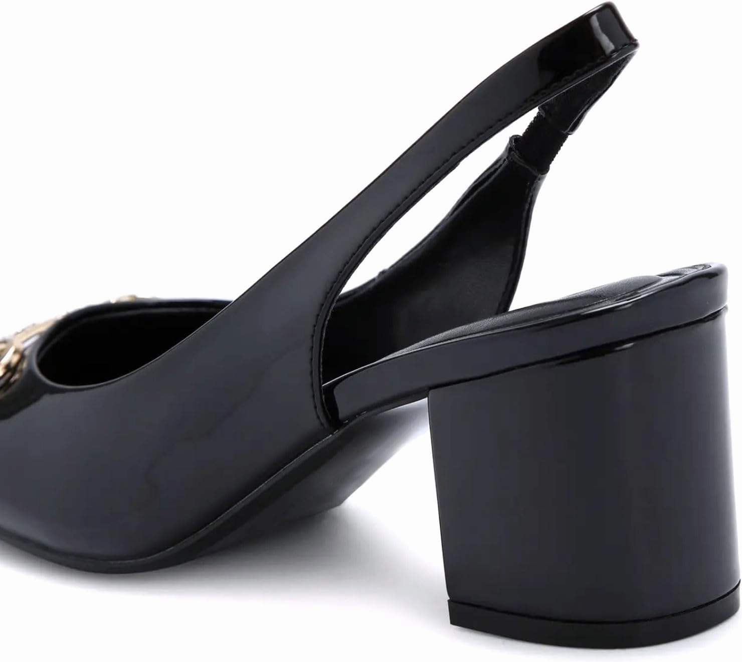 iadore Women Fashion Patent Leather Low Block Heel Pumps Chic Slingbacks with Gold Studded Round Toes Shoes Size 5-12 US