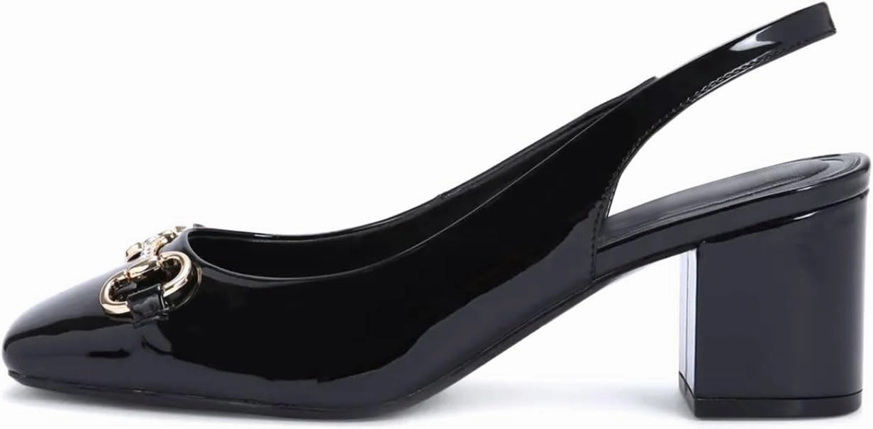 iadore Women Fashion Patent Leather Low Block Heel Pumps Chic Slingbacks with Gold Studded Round Toes Shoes Size 5-12 US