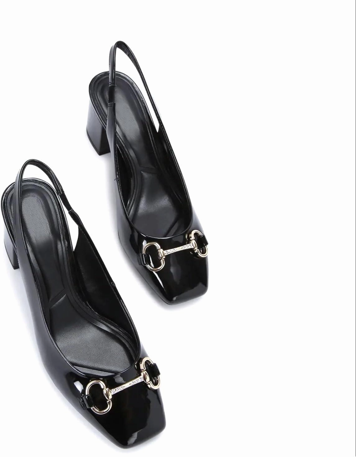 iadore Women Fashion Patent Leather Low Block Heel Pumps Chic Slingbacks with Gold Studded Round Toes Shoes Size 5-12 US