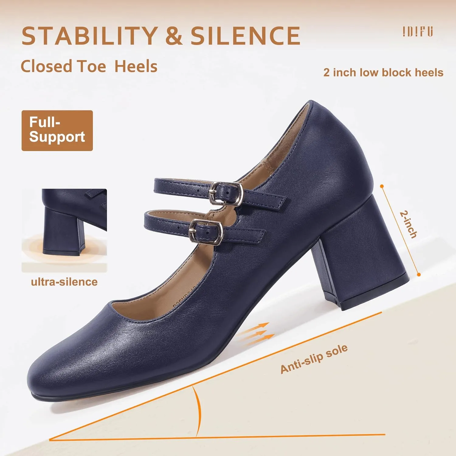 IDIFU IN2 Mary Jane Shoes Women Dress Shoes Women's Pumps Chunky Low Block Heels Square Closed Toe Strappy Wedding Business Bride Comfortable Short Graduation Two Strap Cute Vintage Heels Pumps Shoes