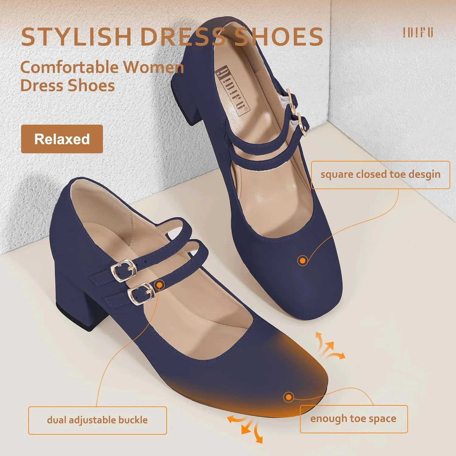 IDIFU IN2 Mary Jane Shoes Women Dress Shoes Women's Pumps Chunky Low Block Heels Square Closed Toe Strappy Wedding Business Bride Comfortable Short Graduation Two Strap Cute Vintage Heels Pumps Shoes