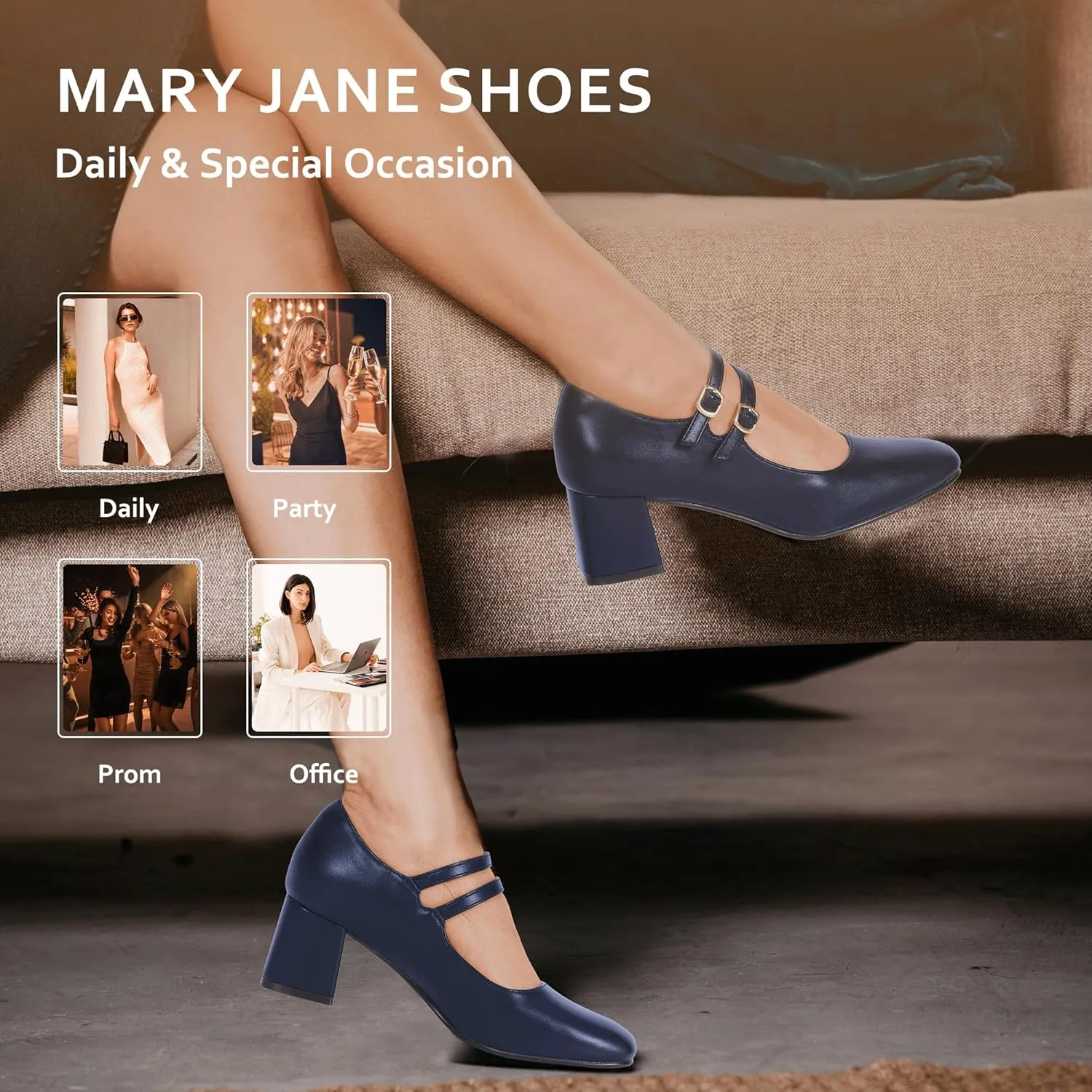 IDIFU IN2 Mary Jane Shoes Women Dress Shoes Women's Pumps Chunky Low Block Heels Square Closed Toe Strappy Wedding Business Bride Comfortable Short Graduation Two Strap Cute Vintage Heels Pumps Shoes
