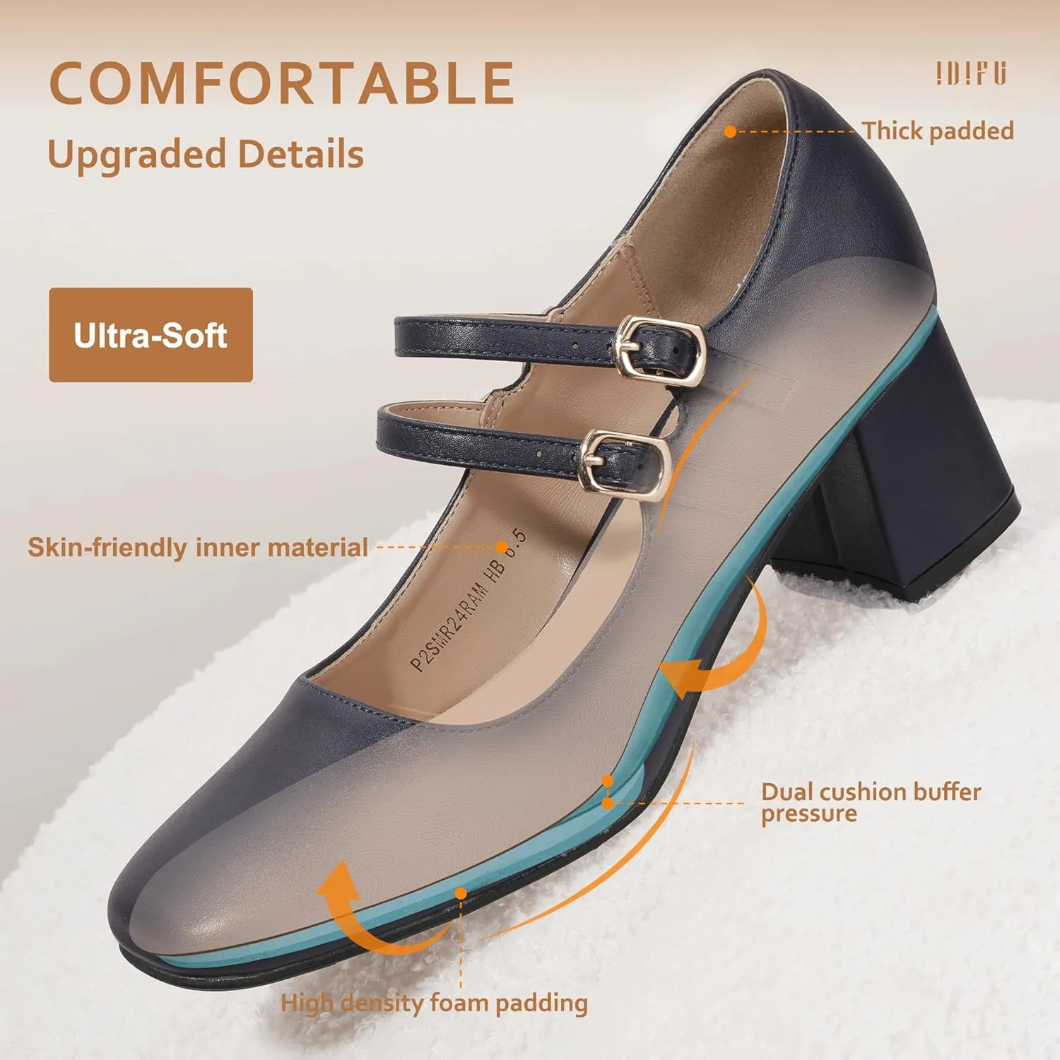 IDIFU IN2 Mary Jane Shoes Women Dress Shoes Women's Pumps Chunky Low Block Heels Square Closed Toe Strappy Wedding Business Bride Comfortable Short Graduation Two Strap Cute Vintage Heels Pumps Shoes