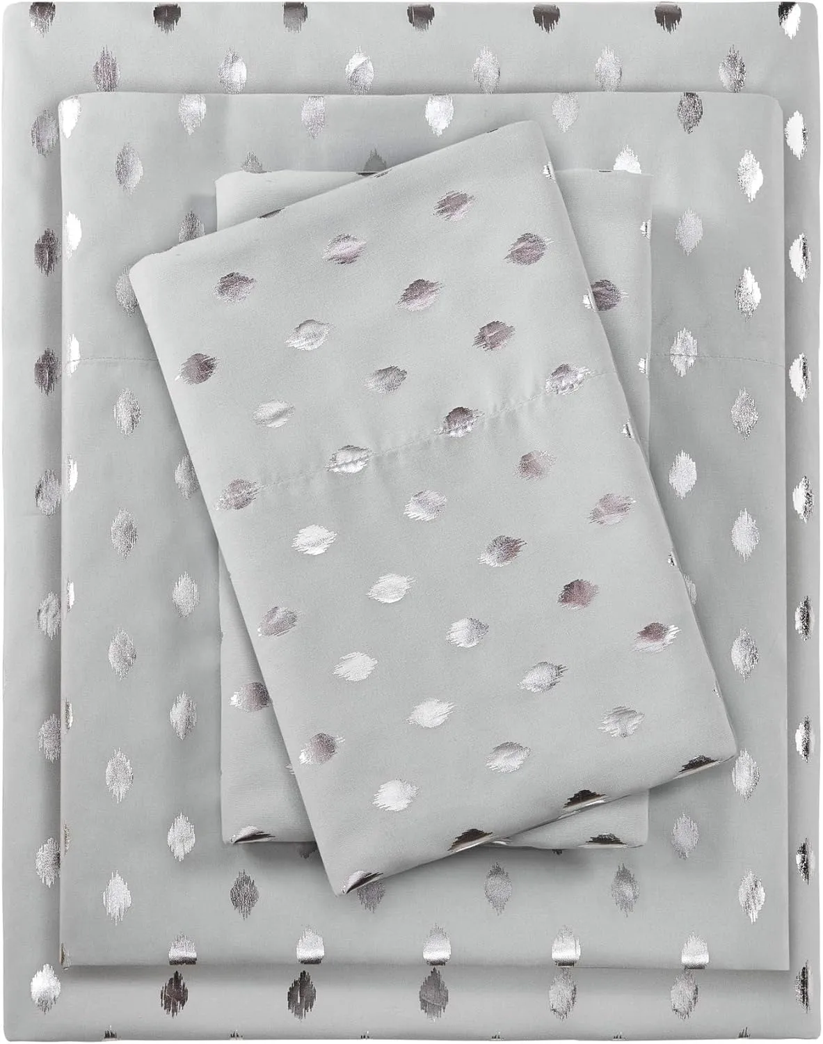 Intelligent Design Microfiber Cozy Bed Sheet Set, Modern All Season Bedding & Pillowcases, Premium 14" Elastic Pocket Fits up to 16" Mattress, Queen Grey/Silver Metallic Dot 4 Piece