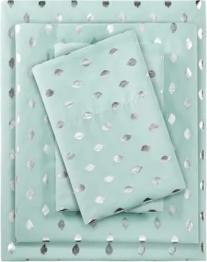 Intelligent Design Microfiber Cozy Bed Sheet Set, Modern All Season Bedding & Pillowcases, Premium 14" Elastic Pocket Fits up to 16" Mattress, Twin Aqua/Silver Metallic Dot 3 Piece