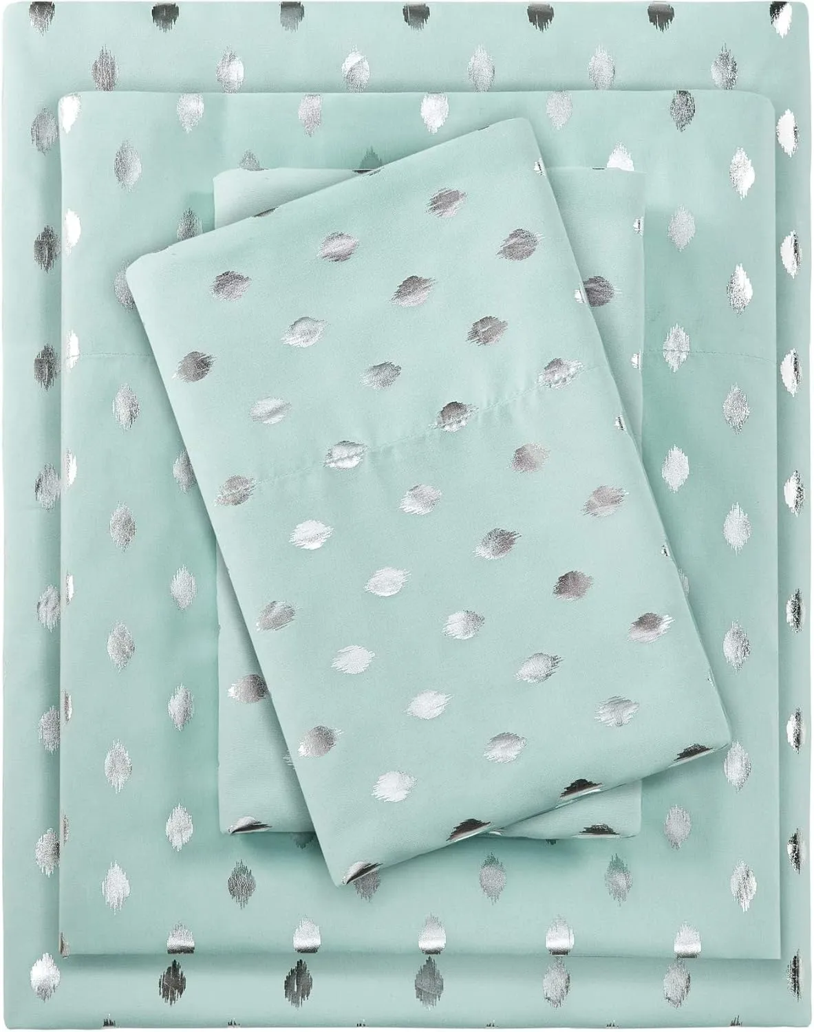 Intelligent Design Microfiber Cozy Bed Sheet Set, Modern All Season Bedding & Pillowcases, Premium 14" Elastic Pocket Fits up to 16" Mattress, Twin Aqua/Silver Metallic Dot 3 Piece