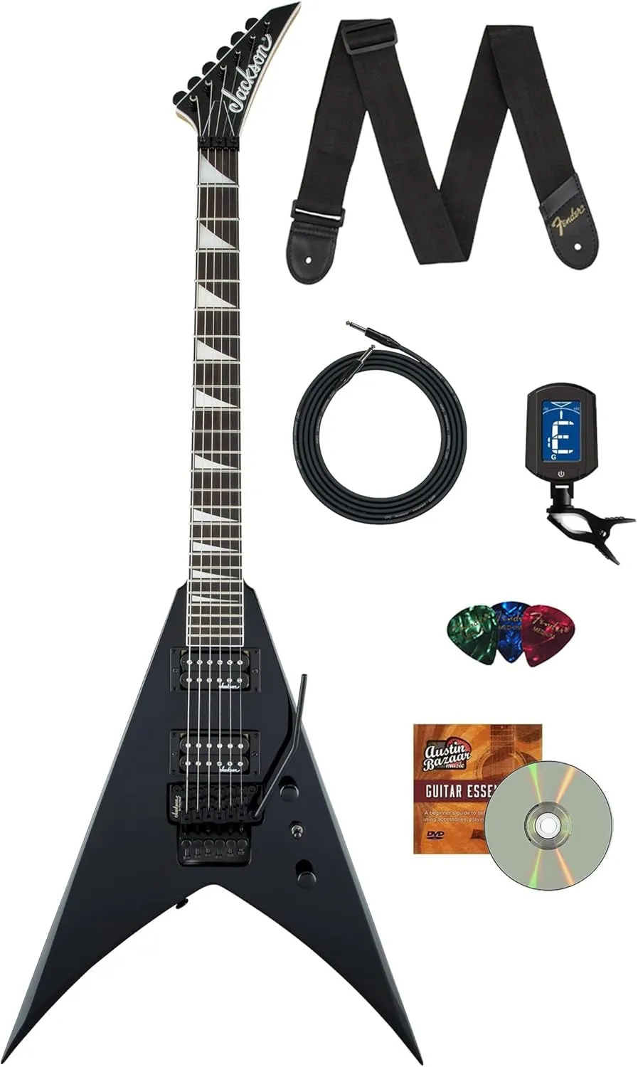 Jackson King V JS32 Electric Guitar - Gloss Black Bundle with Cable, Tuner, Strap, Picks, and Austin Bazaar Instructional DVD