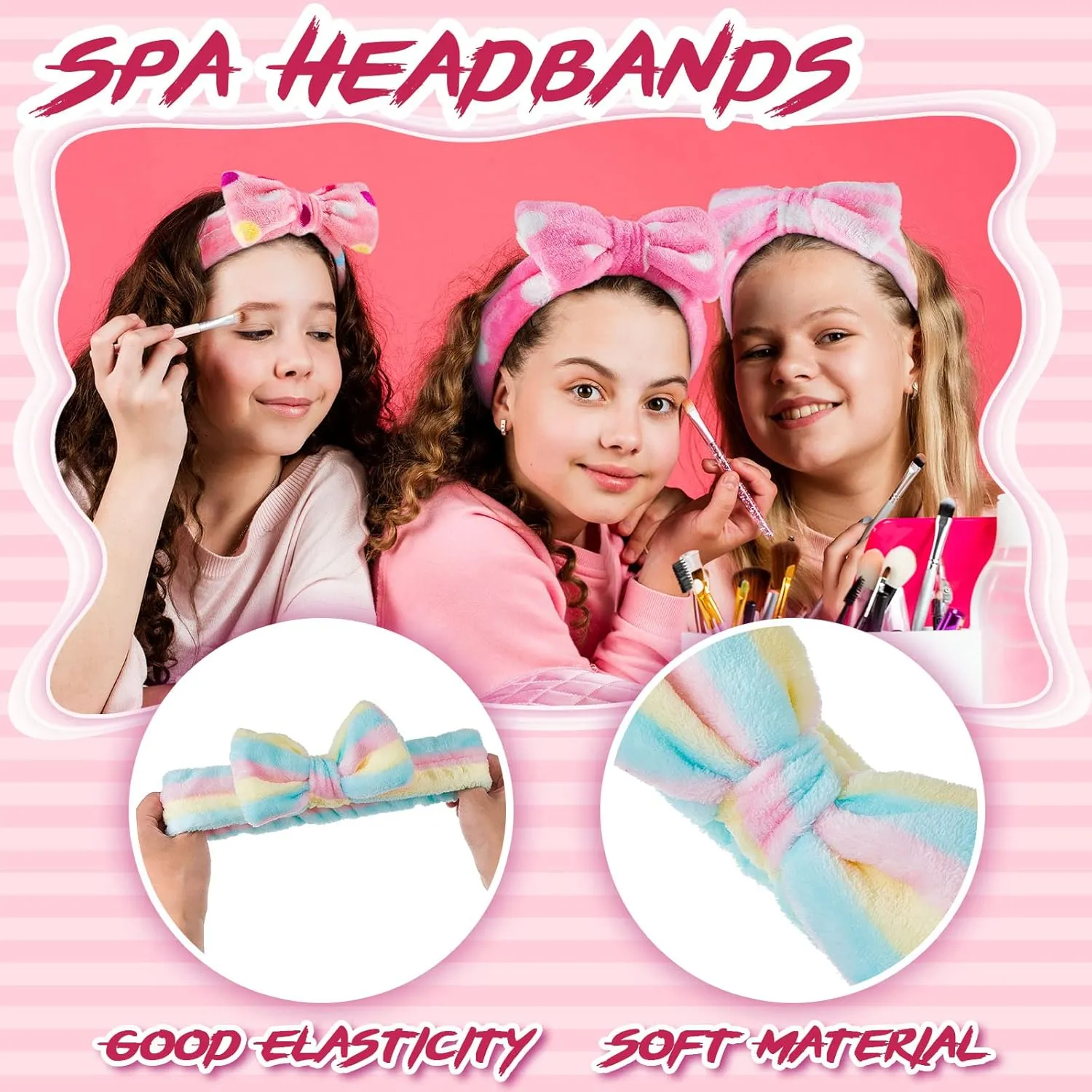 Jecery 18 Pcs Spa Party Supplies for Girls 6 Satin Kimono Robe 6 Spa Headband 6 Disposable Foam Pedicure Slippers (Pink,Size 10)