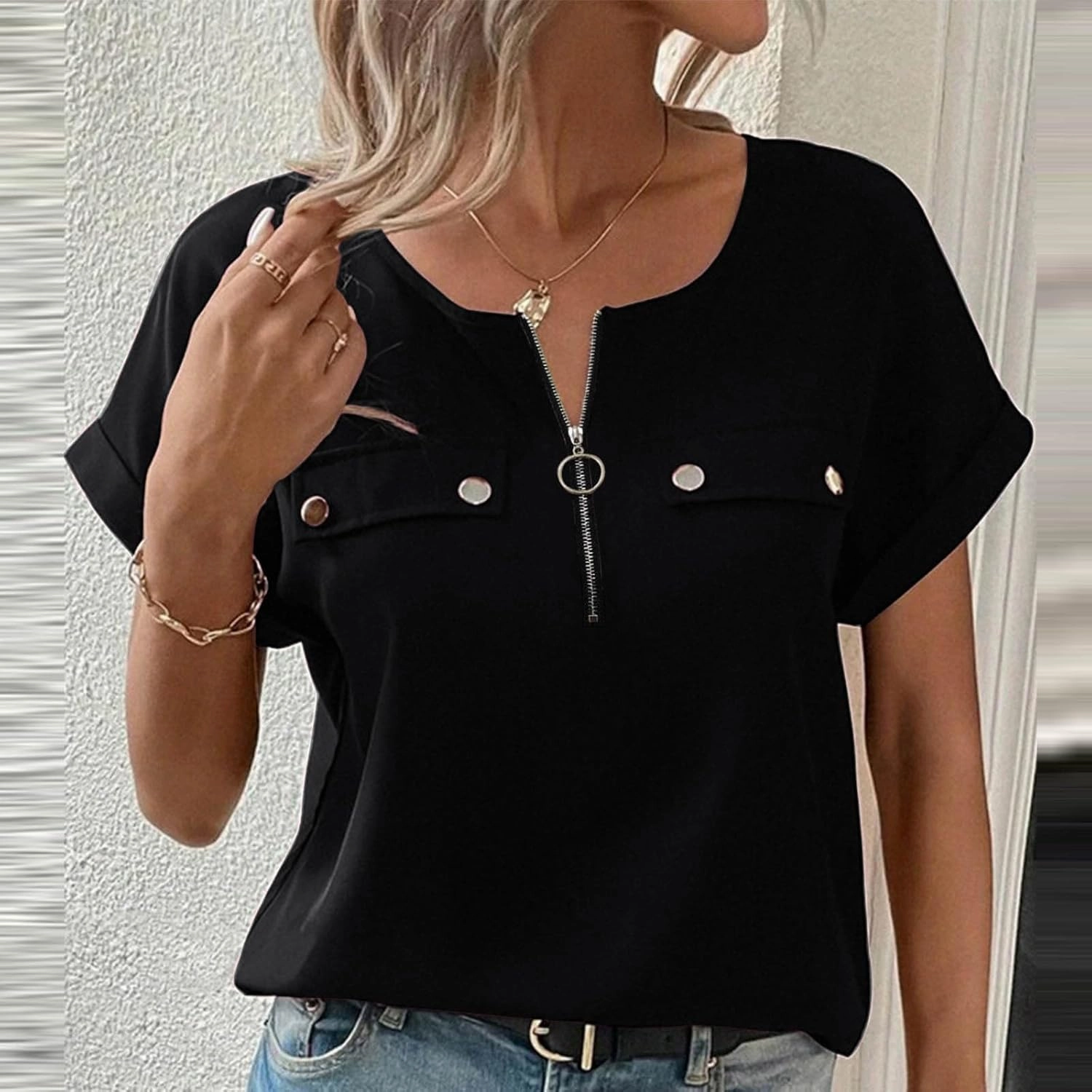 JOAU Women's Zip Front Crew Neck Shirts Dressy Casual Loose Rolled Short Sleeve Blouse Lightweight Elegant Work Tunic Top