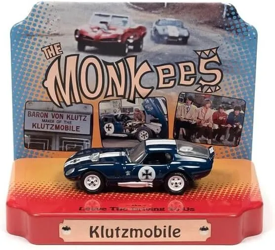 Johnny Lightning Shelby Cobra Daytona Klutzmobile Blue Metallic with White Stripes The Monkees with Collectible Tin Display Silver Screen Machines Series 1/64 Diecast Model Car