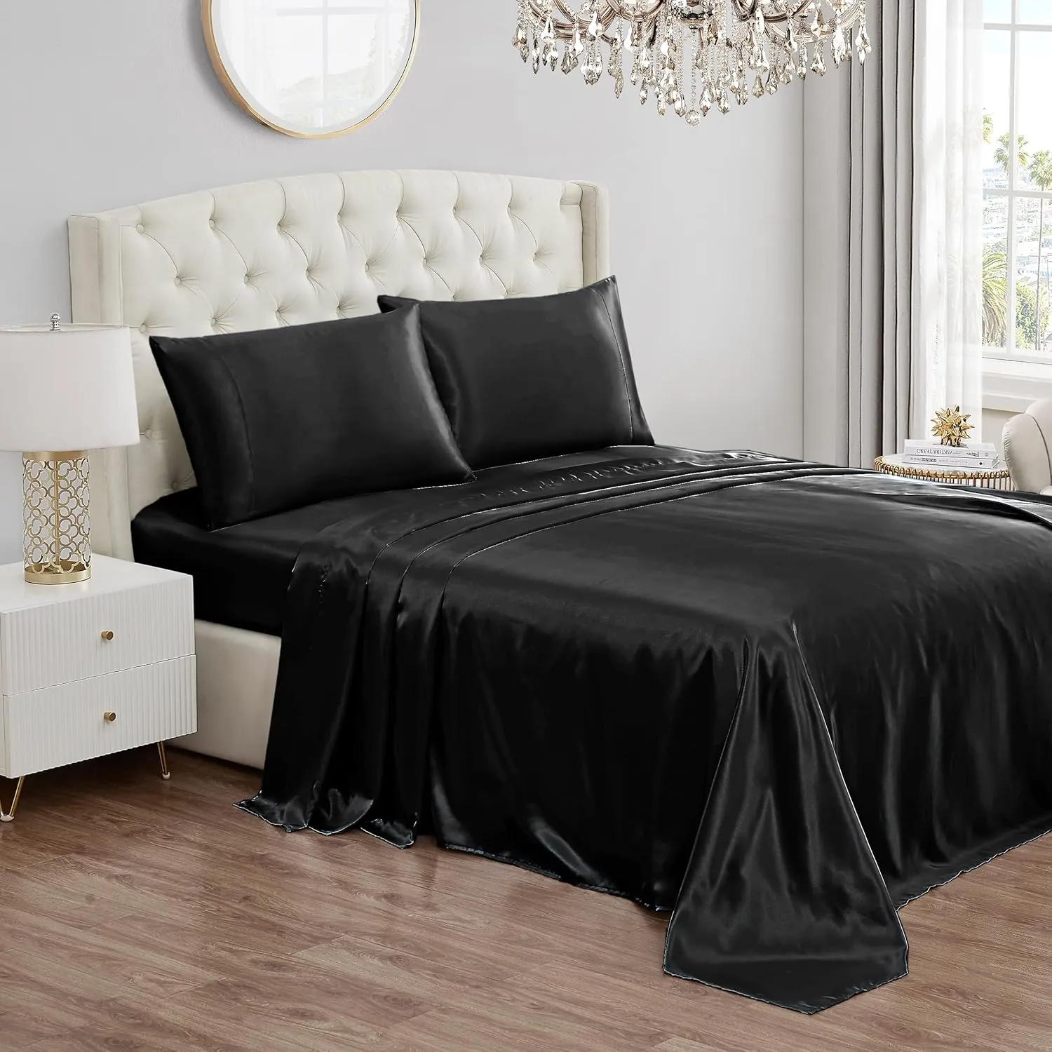 Juicy Couture Queen Size Satin Bed Sheet Set, Deep Pocket Silky Satin Queen Sheet Set with 1 Fitted Sheet, 1 Flat Sheet and 2 Pillow Case, Wrinkle Resistant and Anti Pilling - Black