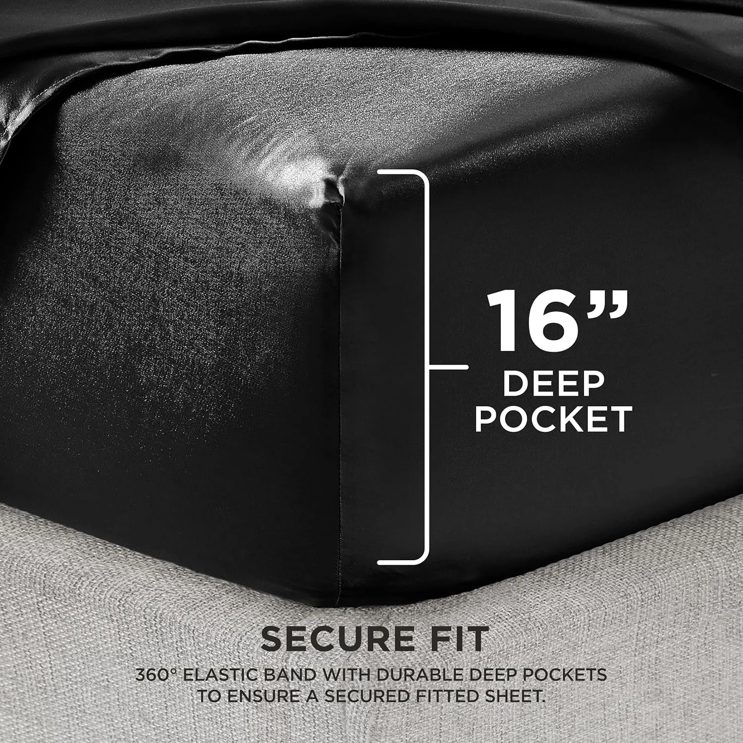 Juicy Couture Queen Size Satin Bed Sheet Set, Deep Pocket Silky Satin Queen Sheet Set with 1 Fitted Sheet, 1 Flat Sheet and 2 Pillow Case, Wrinkle Resistant and Anti Pilling - Black