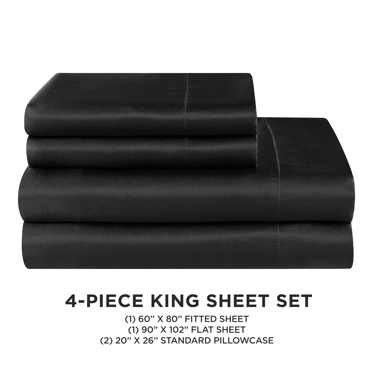 Juicy Couture Queen Size Satin Bed Sheet Set, Deep Pocket Silky Satin Queen Sheet Set with 1 Fitted Sheet, 1 Flat Sheet and 2 Pillow Case, Wrinkle Resistant and Anti Pilling - Black