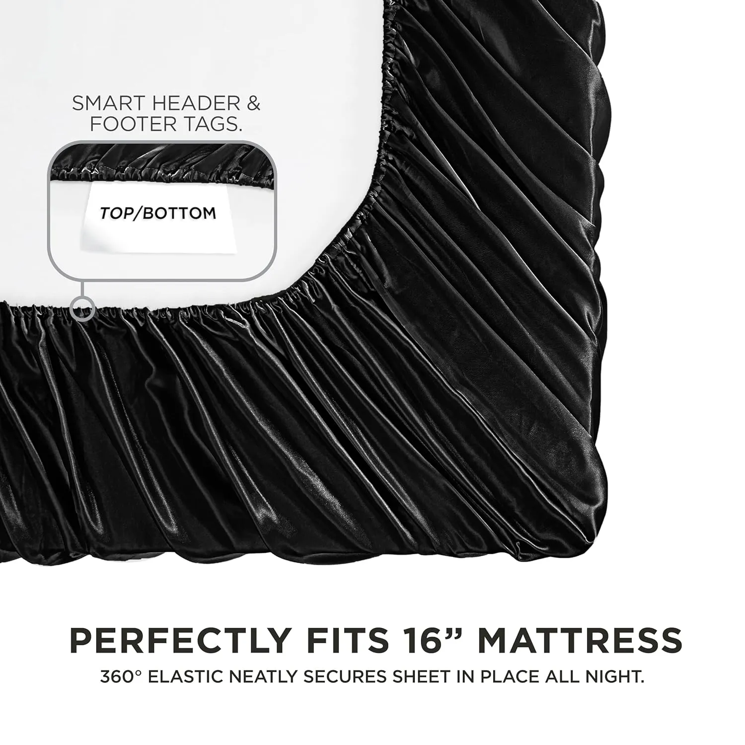 Juicy Couture Queen Size Satin Bed Sheet Set, Deep Pocket Silky Satin Queen Sheet Set with 1 Fitted Sheet, 1 Flat Sheet and 2 Pillow Case, Wrinkle Resistant and Anti Pilling - Black