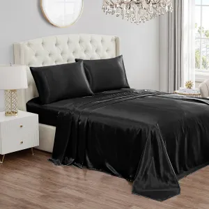 Juicy Couture Queen Size Satin Bed Sheet Set, Deep Pocket Silky Satin Queen Sheet Set with 1 Fitted Sheet, 1 Flat Sheet and 2 Pillow Case, Wrinkle Resistant and Anti Pilling - Black