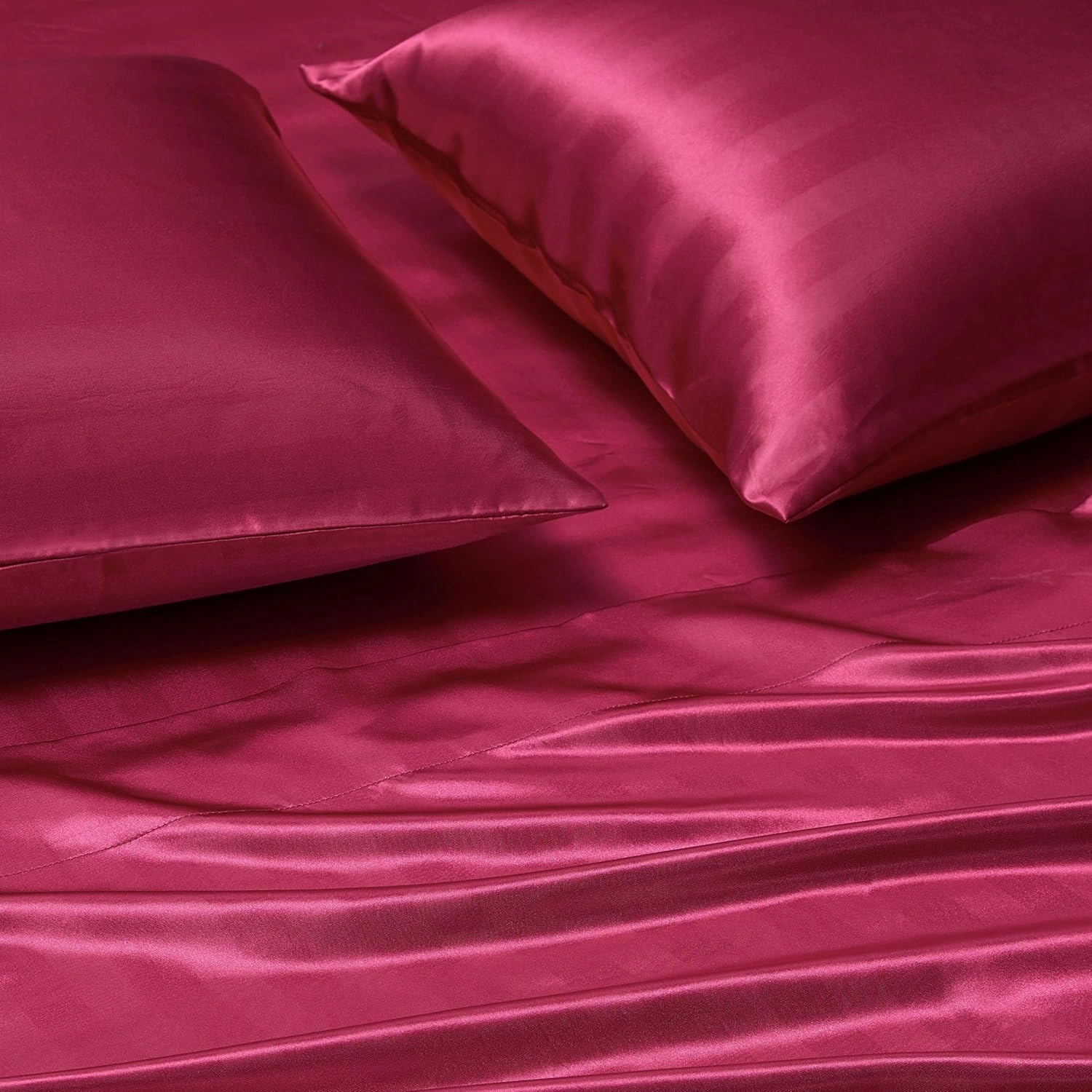 Juicy Couture Silky Satin Damask Sheet Set - Luxury Hot Pink Bedding - Smooth Striped Sheets - Queen Size
