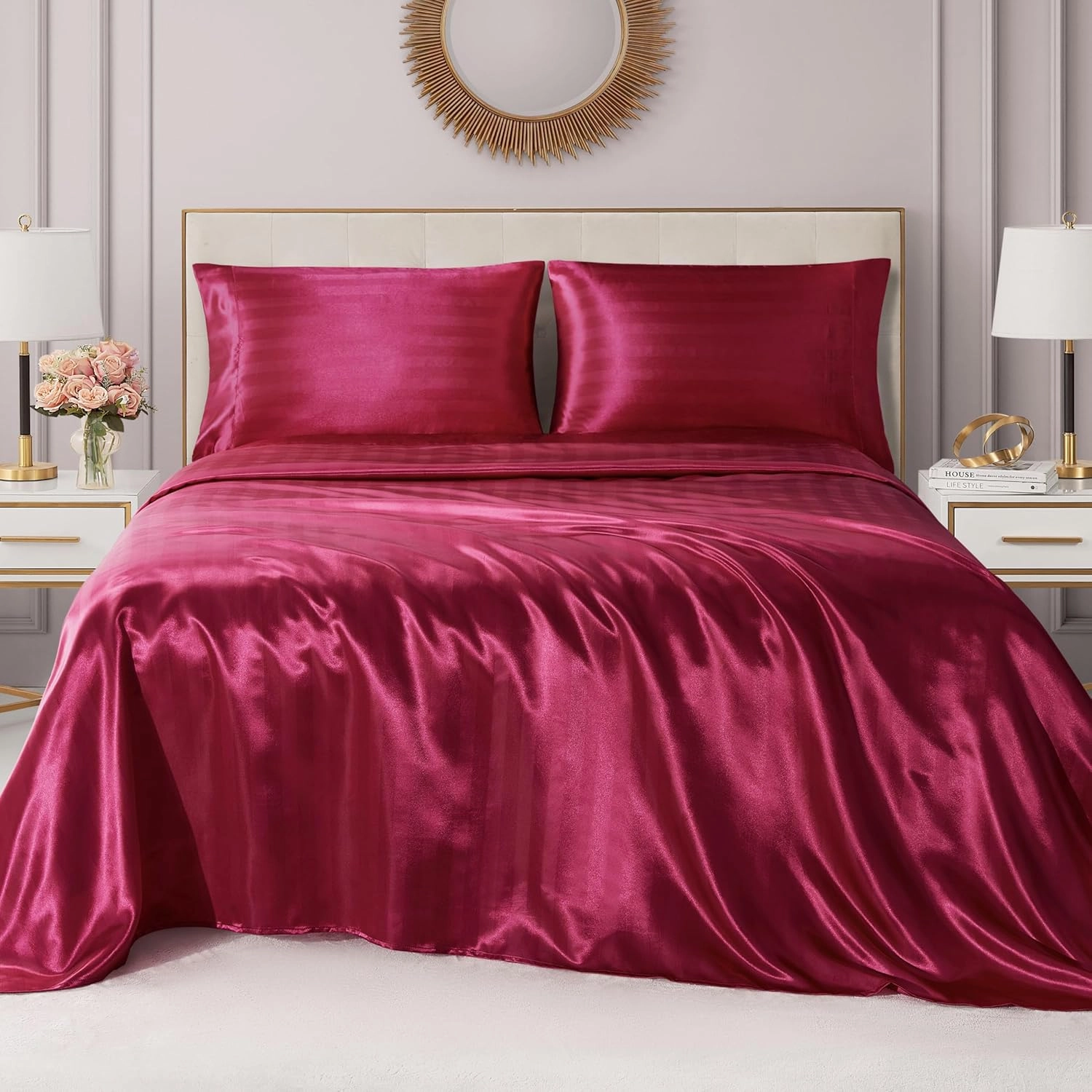 Juicy Couture Silky Satin Damask Sheet Set - Luxury Hot Pink Bedding - Smooth Striped Sheets - Queen Size