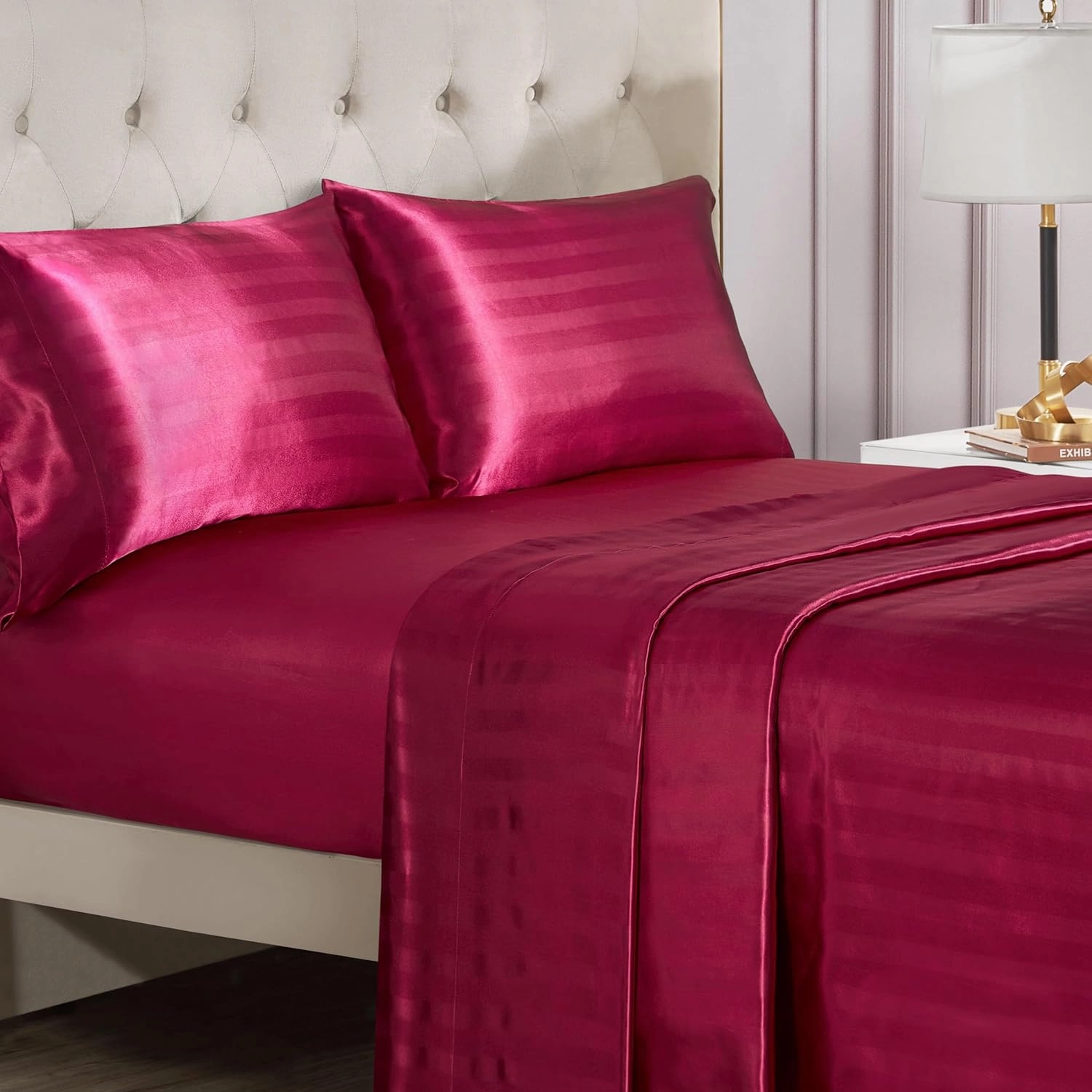 Juicy Couture Silky Satin Damask Sheet Set - Luxury Hot Pink Bedding - Smooth Striped Sheets - Queen Size