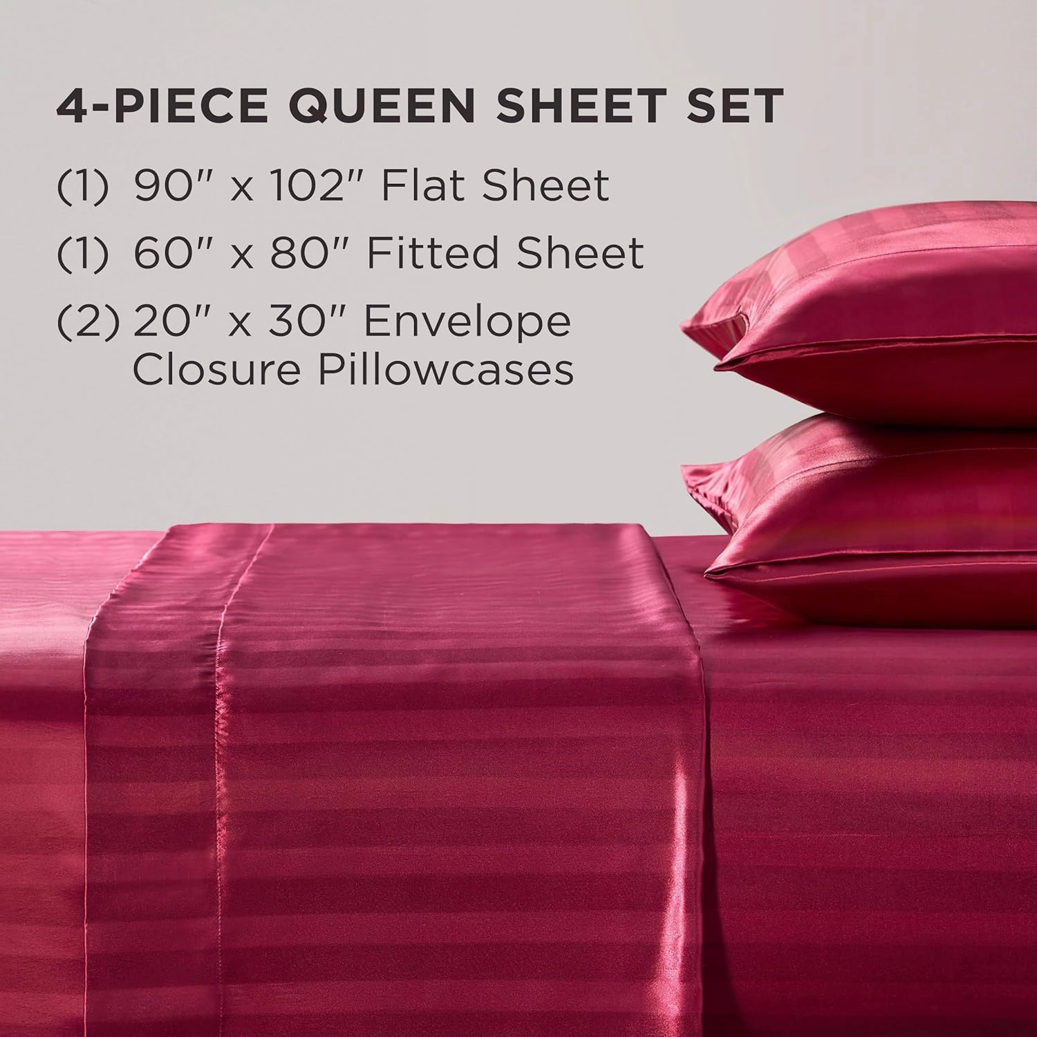 Juicy Couture Silky Satin Damask Sheet Set - Luxury Hot Pink Bedding - Smooth Striped Sheets - Queen Size
