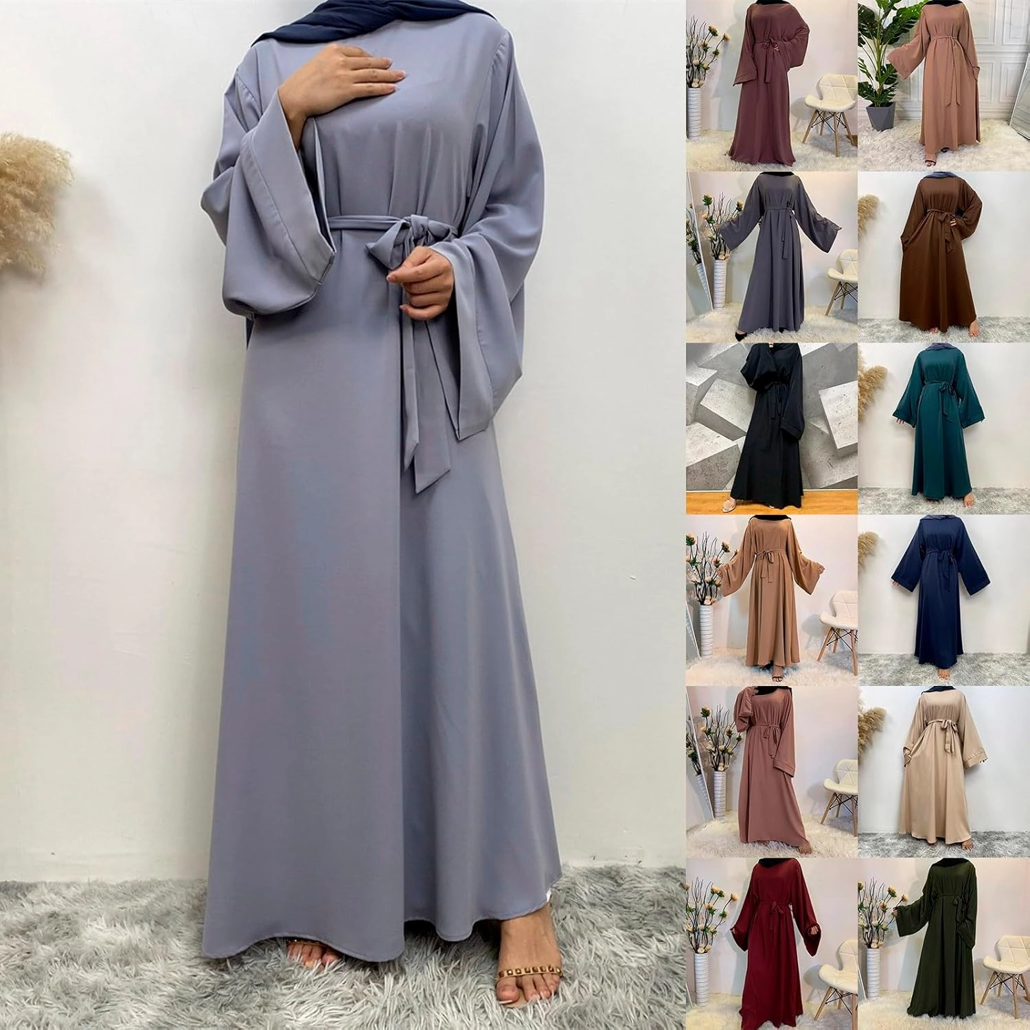 Kaftan Abayas for Women Minimalist Solid Color Long Sleeves Belted Waist Flared Hem Modest Islamic Prayer Dress