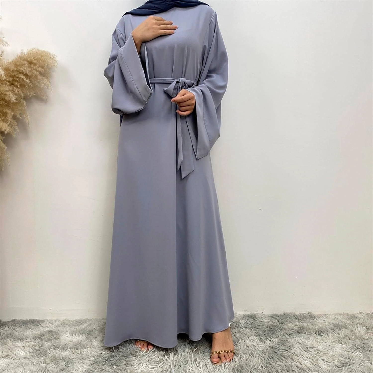 Kaftan Abayas for Women Minimalist Solid Color Long Sleeves Belted Waist Flared Hem Modest Islamic Prayer Dress