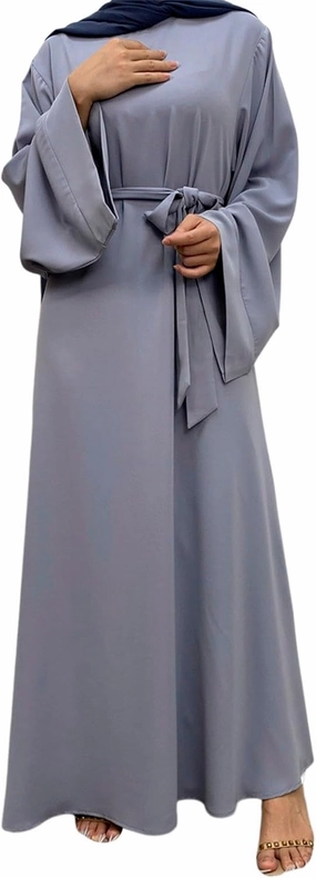 Kaftan Abayas for Women Minimalist Solid Color Long Sleeves Belted Waist Flared Hem Modest Islamic Prayer Dress