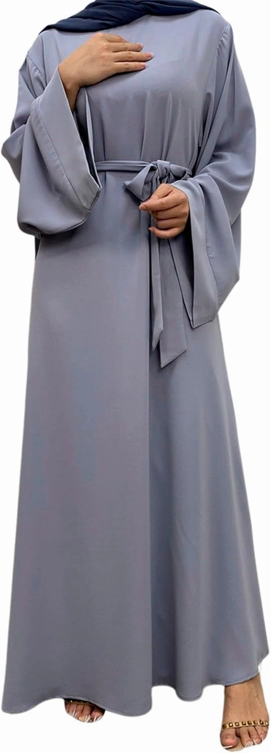Kaftan Abayas for Women Minimalist Solid Color Long Sleeves Belted Waist Flared Hem Modest Islamic Prayer Dress