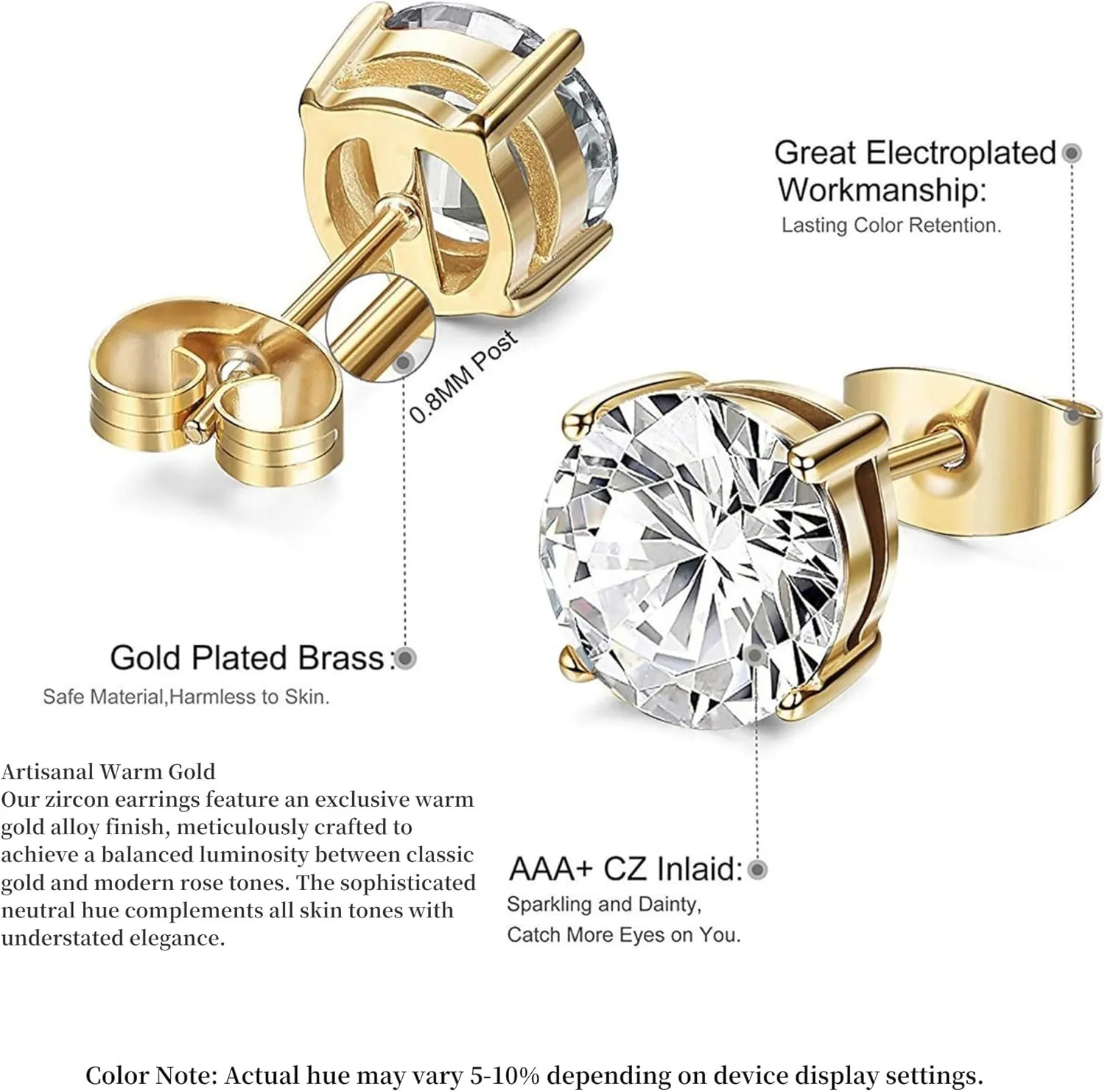 Kainier Women's 14K Gold Plated CZ Stud Earrings Simulated Diamond Round Cubic Zirconia Ear Stud Set（5 Pairs)…