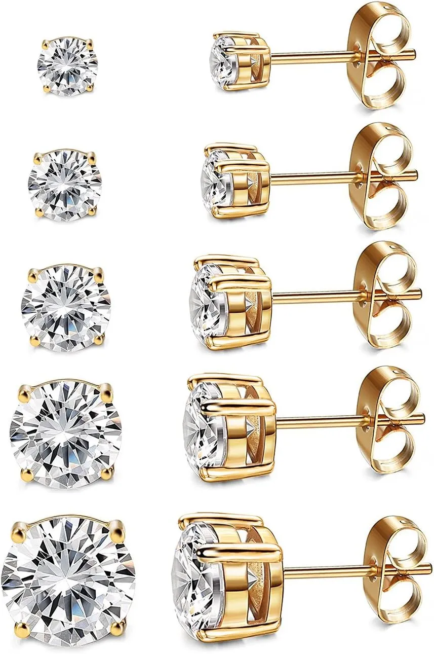 Kainier Women's 14K Gold Plated CZ Stud Earrings Simulated Diamond Round Cubic Zirconia Ear Stud Set（5 Pairs)…
