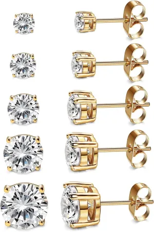 Kainier Women's 14K Gold Plated CZ Stud Earrings Simulated Diamond Round Cubic Zirconia Ear Stud Set（5 Pairs)…