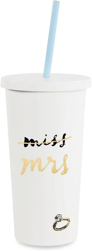 Kate Spade New York Acrylic Bridal Tumbler with Lid and Straw, 20 oz Tumbler for Bride to Be, Slim Double Wall Tumbler, Miss to Mrs. (White)