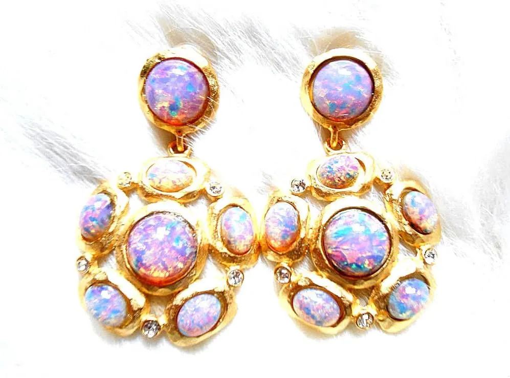 Kenneth Jay Lane Satin Gold Pink Opal Crystal Drop Cluster Pierced Earrings