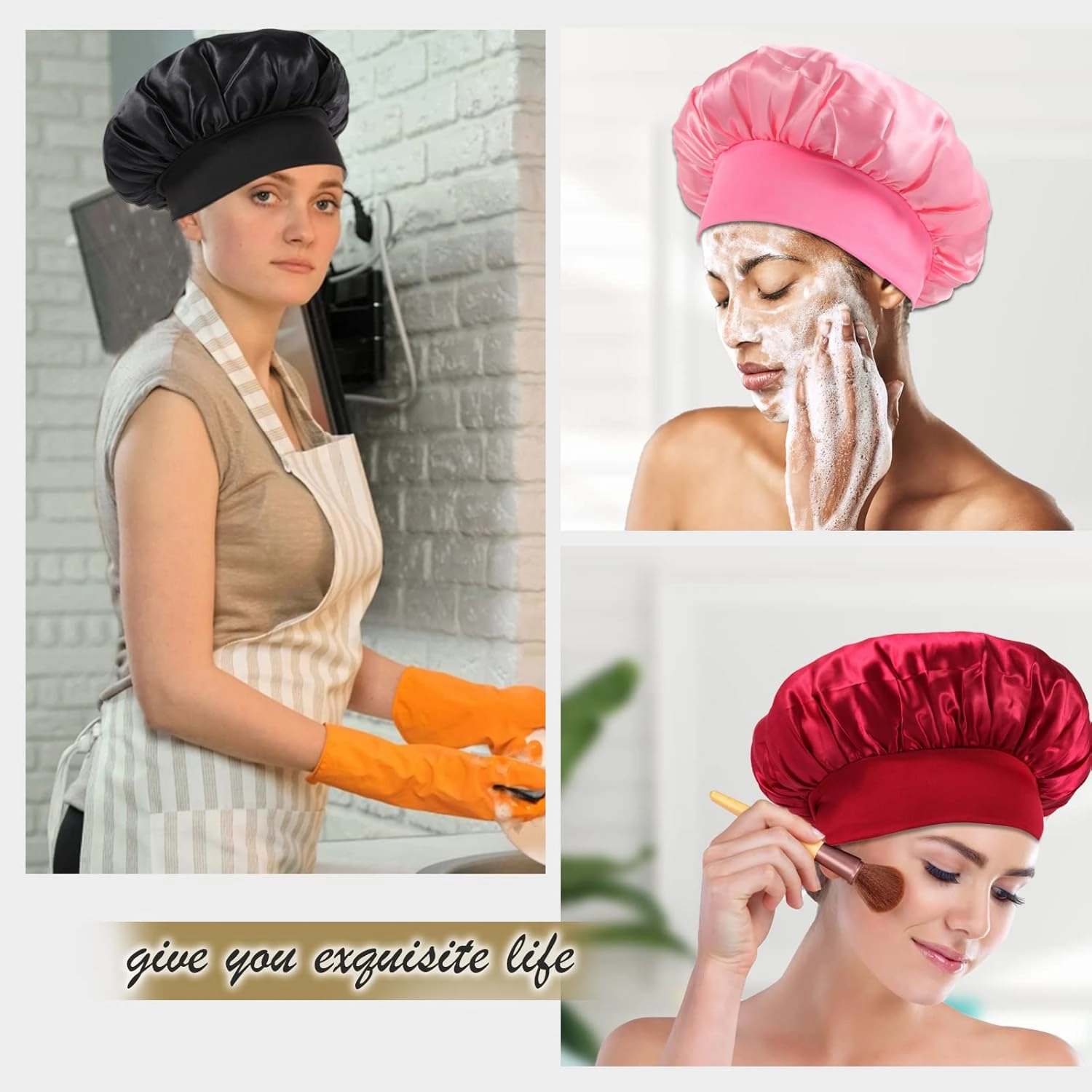 KEPUWAY 10 Pcs Bonnet for Sleeping, Superior Silky Satin Bonnet Hair with Elastic Wide Band for Women(Designed for PINK Fans) shower cap