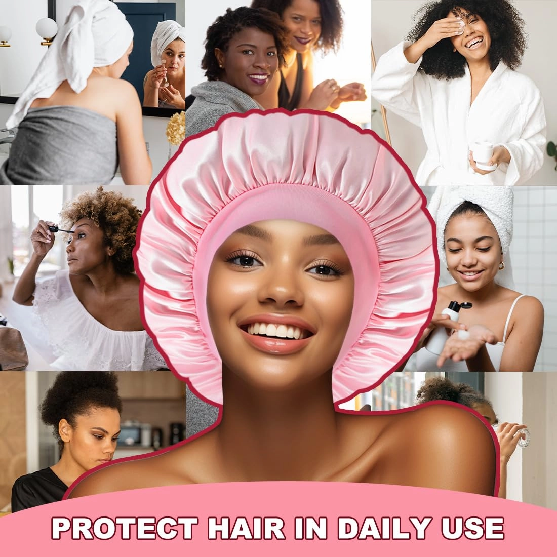 KEPUWAY 10 Pcs Bonnet for Sleeping, Superior Silky Satin Bonnet Hair with Elastic Wide Band for Women(Designed for PINK Fans) shower cap